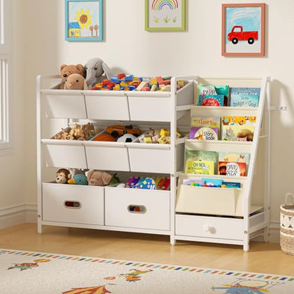 Kids Toy Storage Organizer with 9 Bins Montessori Toddler Bookshelf White