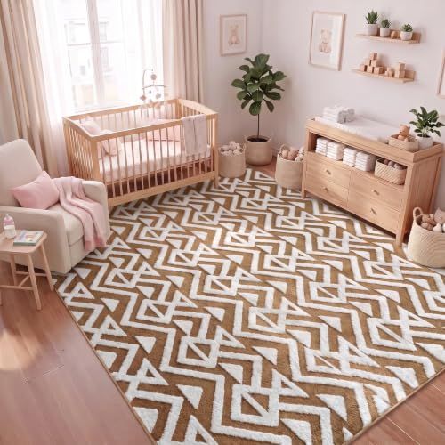 Soft 5x8 Geometric Shaggy Area Rug for Living Room & Bedroom - Non Slip Beige