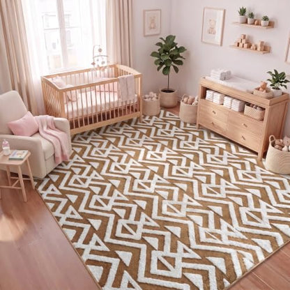 Soft 5x8 Geometric Shaggy Area Rug for Living Room & Bedroom - Non Slip Beige