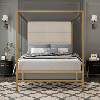 King Canopy Bed with Tall Linen Headboard and Gold Metal Frame - Tan & Gold, King Size