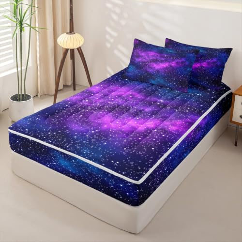 Purple Galaxy Twin Comforter Set with Zippered Fitted Sheet & Pillowcases - Space Universe Bedding
