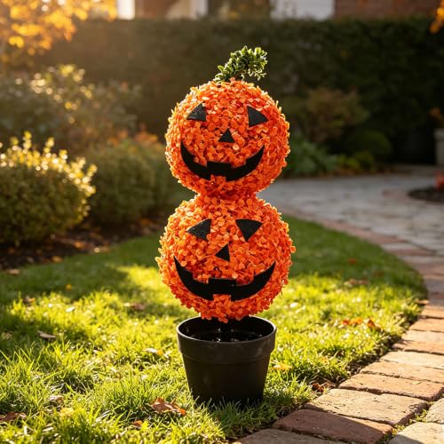 Artificial Pumpkin Topiary Tree - Potted Faux Boxwood Fall Decor, Halloween & Thanksgiving Ornament (Variation A)