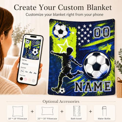 Personalized Soccer Blanket for Boys - Green Team Gift, Custom Kids Throw
