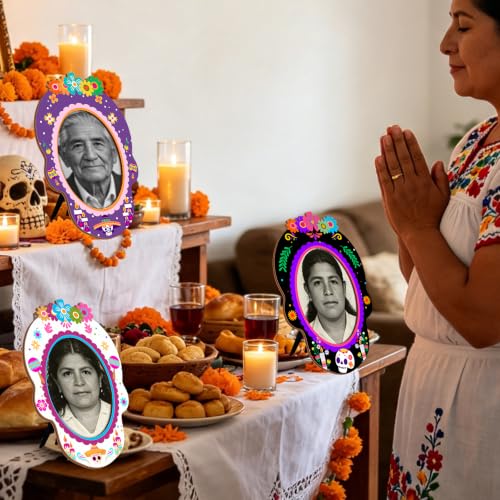 Dia de Los Muertos Picture Frame Set - Wooden 4x6 Ofrenda Decor, 3 Pieces