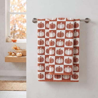 Fall Bath Towels Set of 2 - Checkered & Pumpkin Cotton 27.5 x 55 Inches - Pumpkin Variation