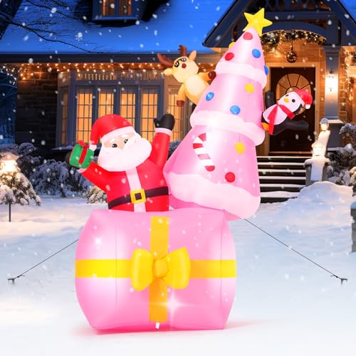 Pink Inflatable Christmas Tree - 8ft Outdoor Xmas Decor with Santa & LED Lights - Pink Christmas Tree Variation