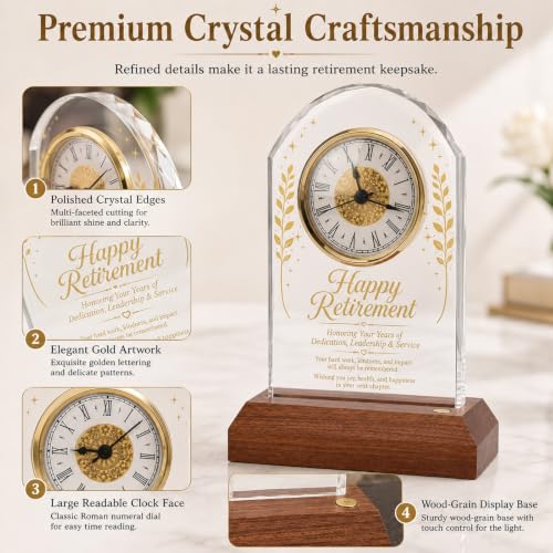 Retirement Gift Crystal Clock with Wooden LED Light Base - Engraved Keepsake Plaque for Boss, Teacher, Nurse, Doctor