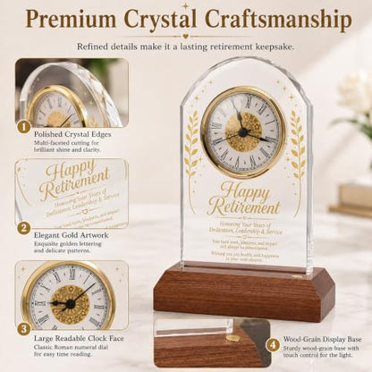 Retirement Gift Crystal Clock with Wooden LED Light Base - Engraved Keepsake Plaque for Boss, Teacher, Nurse, Doctor