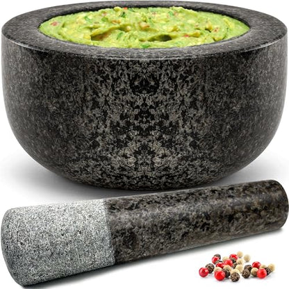 Heavy Duty Large Mortar and Pestle Set, 100% Granite, Non Slip Base, Make Fresh Guacamole, Salsa, Pesto, Stone Grinder Bowl, Herb Crusher, Spice Grinder, 1.5 Cup, 5.5 Inch Size, Black