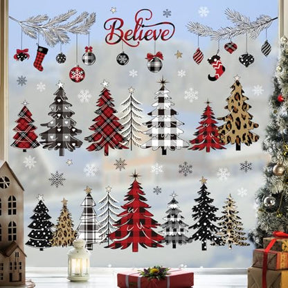 Christmas Window Clings Red Black Plaid Pine Tree Decals - Tree Variation