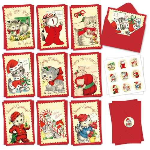 Christmas Greeting Cards with Envelopes Stickers - Vintage Cat Blank Note Cards Set