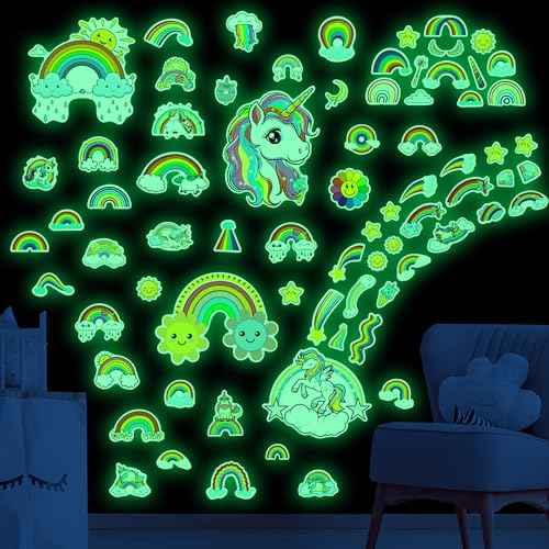 Glow in The Dark Unicorn and Rainbow Wall Decals, Stars Stickers for Baby Girls Room, Luminous Ceiling Decor for Bedroom Playroom Nursery