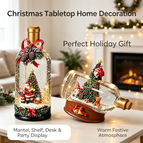 Christmas Snow Globe Bottle Lantern Musical Decor - Santa & Gnome Variation A