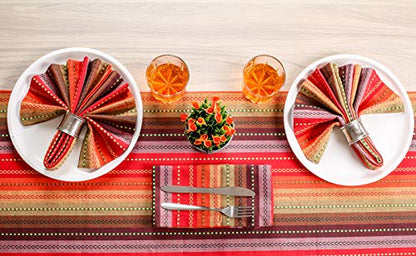 Red Multi 16x72 Inch Cotton Table Runner with Fringes - Salsa Stripe for Holidays