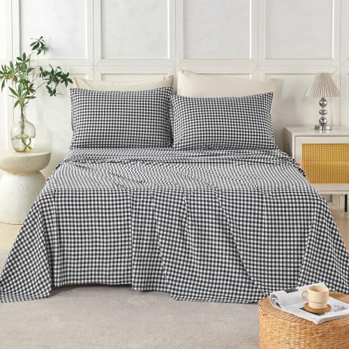 Plaid Full Bed Sheet Set with Deep Pockets - Black and White Gingham