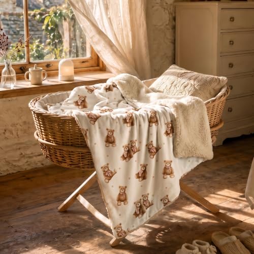 Fleece Baby Blanket 30x35 Inches - Tan Bear Plush Reversible Crib Cover for Boys & Girls