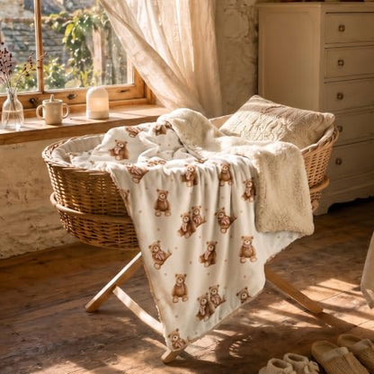 Fleece Baby Blanket 30x35 Inches - Tan Bear Plush Reversible Crib Cover for Boys & Girls