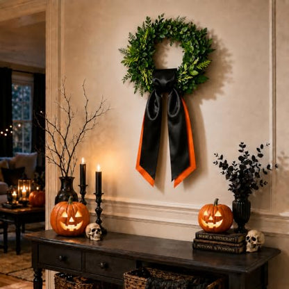 Halloween Wreath Sash Set - Black and Orange Satin Decor for Front Door