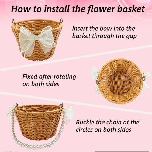 Wedding Flower Girl Basket Set with Pearl Handle & Petals, Rustic Rattan