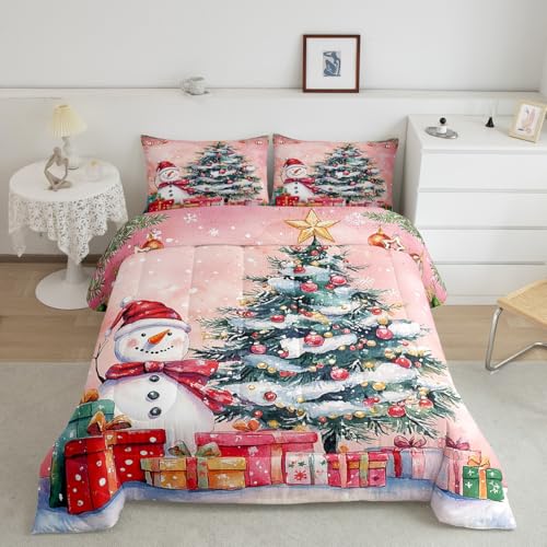 King Size Christmas Tree Comforter Set with Snowman & Santa Design - Pink Green White