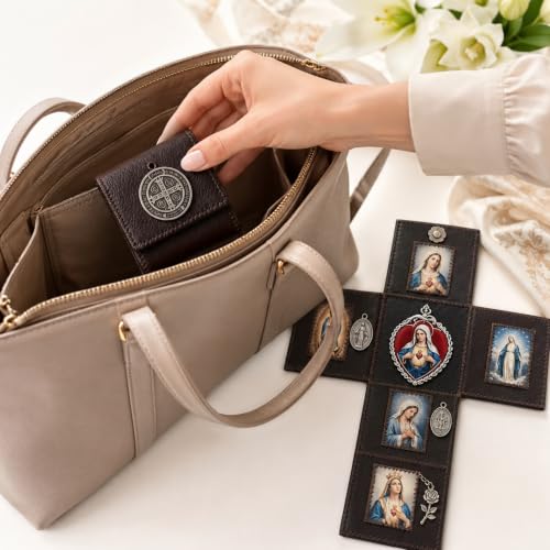 Brown Hand Sewn Leather Catholic Pocket Shrine Portable Mini Prayer Altar with Sacred Art & Medals