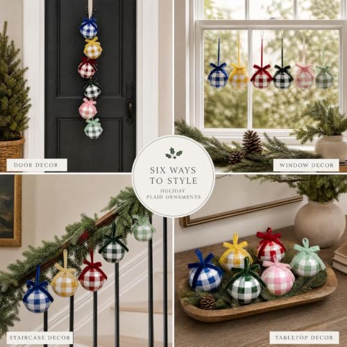 Gingham Plaid Christmas Tree Ornaments - 6 Glass Holiday Decorations with Velvet Bows