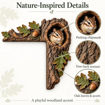 Chipmunk Tree Hollow Door Topper with Squirrel & Owl - Rustic Wooden Door Frame R