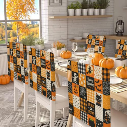 Halloween Chair Cover Set of 4 Boo Spooky Pumpkin Stretch Slipcovers Orange Black