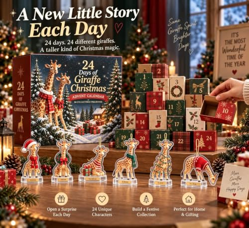 Giraffe Christmas Countdown Decor - 24 Unique Holiday Characters, Festive Table Ornaments
