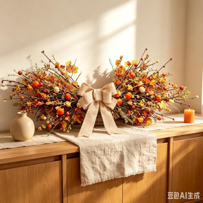 Fall Maple Leaf Pumpkin Berry Wreath with Burlap Bow for Front Door - Autumn Swag - Variation of This Listing: Mini Pumpkin