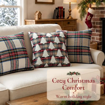 Christmas Khaki Scottish Check Pillow Covers 18x18 Plush Set of 2 - Holiday Home Decor