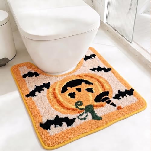 Halloween Pumpkin Bat U-Shaped Toilet Rug - Yellow Pumpkin, Plush Non-Slip Bathroom Mat