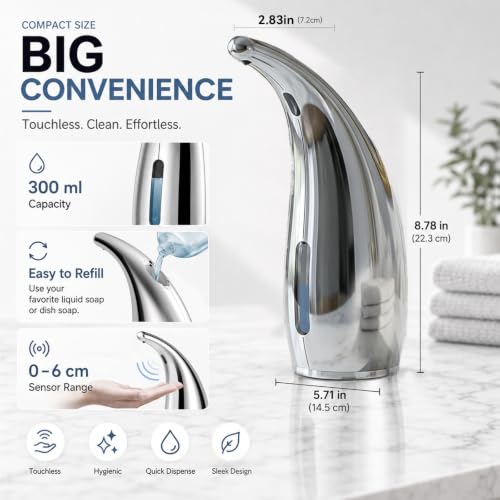 Automatic Liquid Soap Dispenser Touchless 4-Level 10oz - Silver, Battery Operated