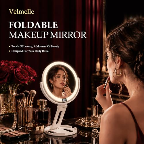 Travel Makeup Mirror with Lights - White, 1X/30X Double-Sided Magnification