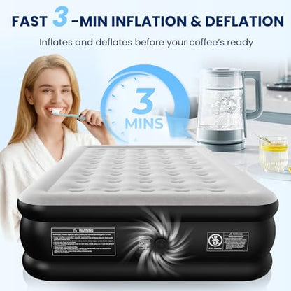 Queen Air Mattress with Built-in Pump - Grey, 3-Layer Puncture-Resistant PVC
