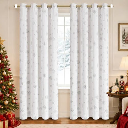 Christmas Curtains 84 Inch Silver Snowflake Foil Print White Velvet - White/Silver Snowflake