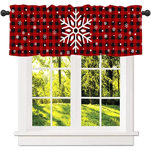 Snowflake Christmas Valance Curtain for Kitchen Window - Red Black Buffalo Check Plaid - 18x54 Inch - Pack of 1
