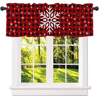Snowflake Christmas Valance Curtain for Kitchen Window - Red Black Buffalo Check Plaid - 18x54 Inch - Pack of 1