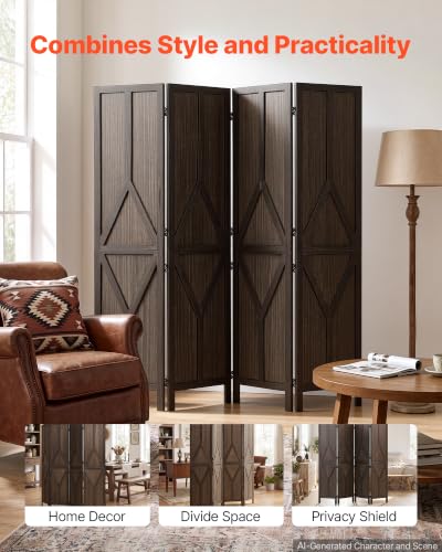 Wood Room Divider 4 Panels Folding Privacy Screen with Y Pattern - Sturdy Wood Partition