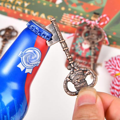 Christmas Bottle Opener Keychain Set with Santa Snowman Tree Bell Reindeer and Cards