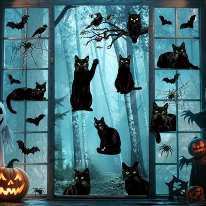 Large Black Cat Halloween Window Clings - 9 Sheets Spooky Decor for Glass Doors and Windows