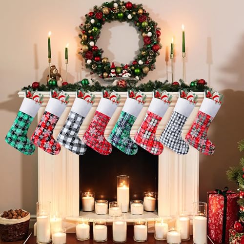 Christmas Stockings Bulk Set 16 Pcs 15 Inch Buffalo Plaid Fireplace Decor