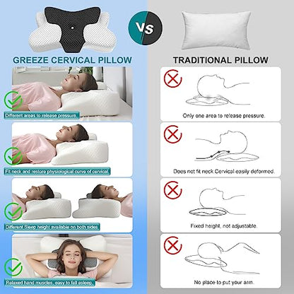 Neck Pillow, Cervical Pillow for Pain Relief, Memory Foam Pillows Sleeping, Adjustable Ergonomic Cooling Side, Back and Stomach Sleepers, Skin-friendly Design