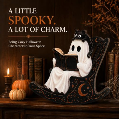 Halloween Ghost Decor - Reading Ghost Tabletop with Cat, Cozy Book Lover Halloween Decorations - Ghost Cat Book Variation