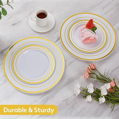 Gold Disposable Plastic Bowls and Plates Set for Parties Weddings Catering