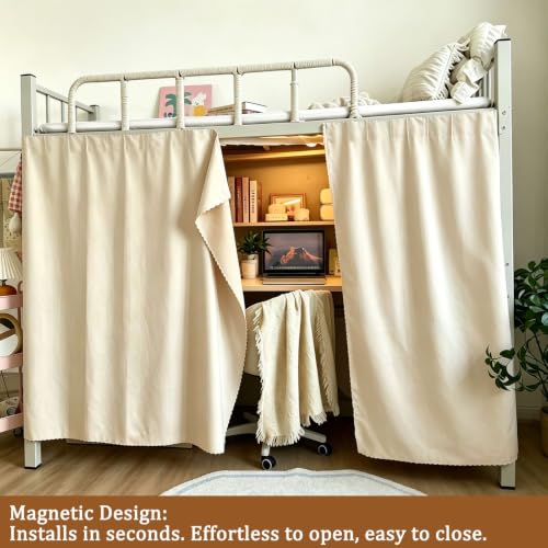Magnetic Bunk Bed Curtains for Bottom Frame - Beige Privacy Canopy