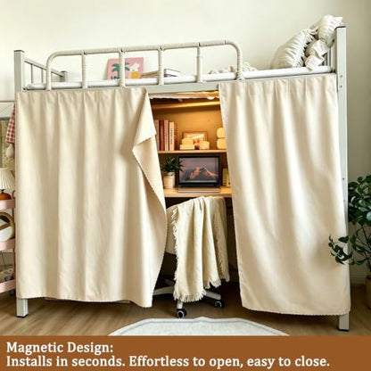 Magnetic Bunk Bed Curtains for Bottom Frame - Beige Privacy Canopy