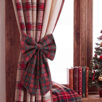 Christmas Plaid Bow Curtain Tiebacks Red Green Tartan Set - Farmhouse Decor