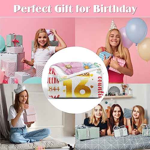 Sweet 16 Birthday Gifts for Girls, 50x60 Happy 16th Birthday Throw Flannel Blanket, Sweet 16 Year Old Girl Birthday Gift Ideas for Sixteen Daughter Sister, Pink Floral 16 Bday Decorations for Friends