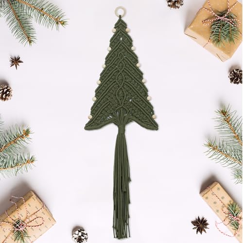 Sage Green Boho Macrame Christmas Tree Wall Hanging with Wood Beads - Handmade Holiday Decor, 32 x 11 Inches, Variation: Sage Green Beige